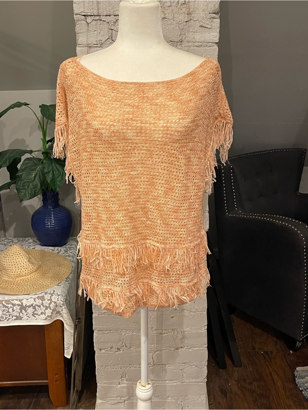 White House Black Market Peach Fringe Knit Boatneck Tunic